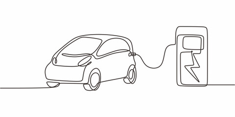 Minimalist Vector Electric Car Charging. Station Sustainable Transport Technology Concept Art.