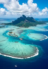 Exotic island paradise: Breathtaking aerial view of Bora Bora's turquoise lagoon, luxurious overwater bungalows, and lush volcanic peaks under a vibrant sky