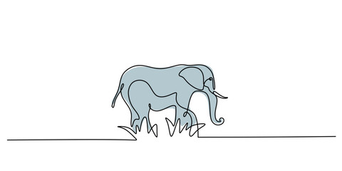 Minimalist One Line Art Elephant. Walking Water Puddle Wildlife Habitat Vector.