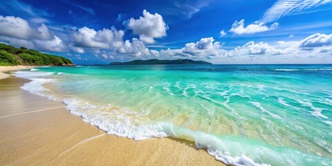 Obraz premium Turquoise ocean waves gently lapping at white sandy beach in Okinawa Japan, island, japan, island