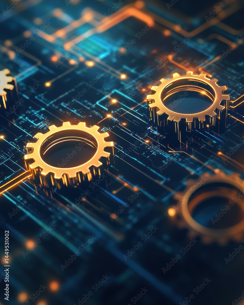 Poster golden gears on a circuit board symbolizing technological innovation and mechanical precision