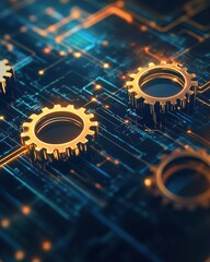 Fototapeta premium Golden Gears on a Circuit Board Symbolizing Technological Innovation and Mechanical Precision