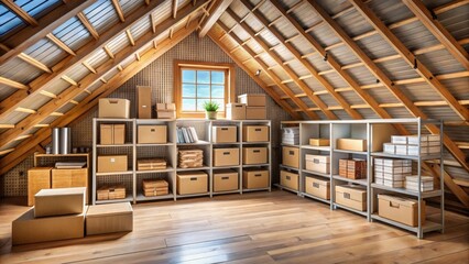 A dusty, cobweb-covered attic transformed into a bright and organized storage space with shelving units and boxes, attic transformation, attic renovation