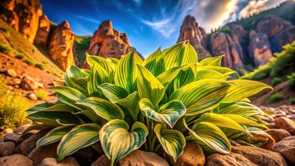 Obraz premium A majestic hosta plant's emerald-green and sunny-yellow leaves stretch towards the sky, creating a stunning visual contrast against a warm-toned rocky terrain , green hostas, outdoors scenes