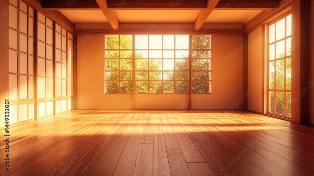 Poster empty japanese room with sunlight streaming through large windows and wooden floors creating a warm 