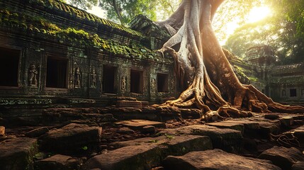 Ancient Ruins with Large Tree Roots and Stone Structure
