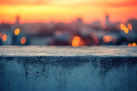 Concrete ledge with bokeh city lights at sunset background. Perfect for quotes, banners, backgrounds, or adding your product.