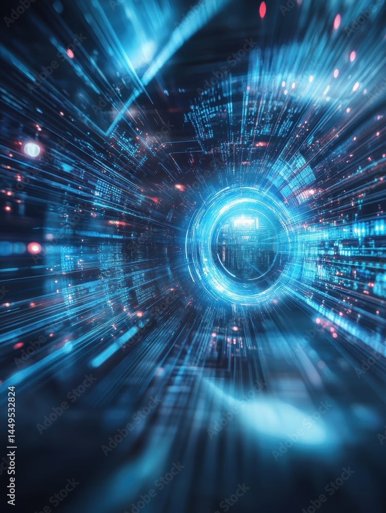 Poster digital data stream through a futuristic tunnel of light and information flowing fast