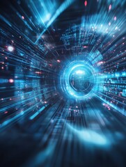 Obraz premium Digital Data Stream Through a Futuristic Tunnel of Light and Information Flowing Fast