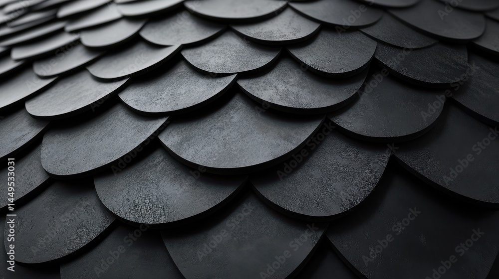 Poster semigloss, fish scale mosaic tiles arranged in the shape of a wall. black, futuristic, blocks stacke