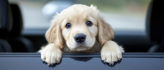 Adorable Golden Retriever Puppy Peeking Out of a Car Window on a Sunny Day during a Road Trip