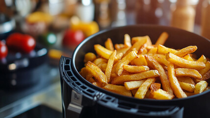 Trendy kitchen gadget air fryer cooking french fries. New cooking lifestyle, small table convection oven, frying oil quickly, healthier to cook fried food