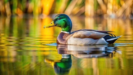 Fototapeta premium A Mallard duck swimming in calm water with ripples from diving for aquatic plants and insects, foraging