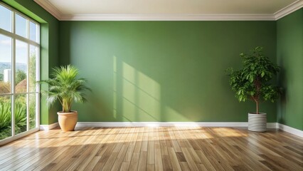 Spacious room with a soothing green wall and a wooden floor