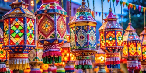 Vibrant lanterns adorn the streets with intricate patterns and bright colors during Roop Chaudas festival celebration , Cultural Events, Colorful Decorations