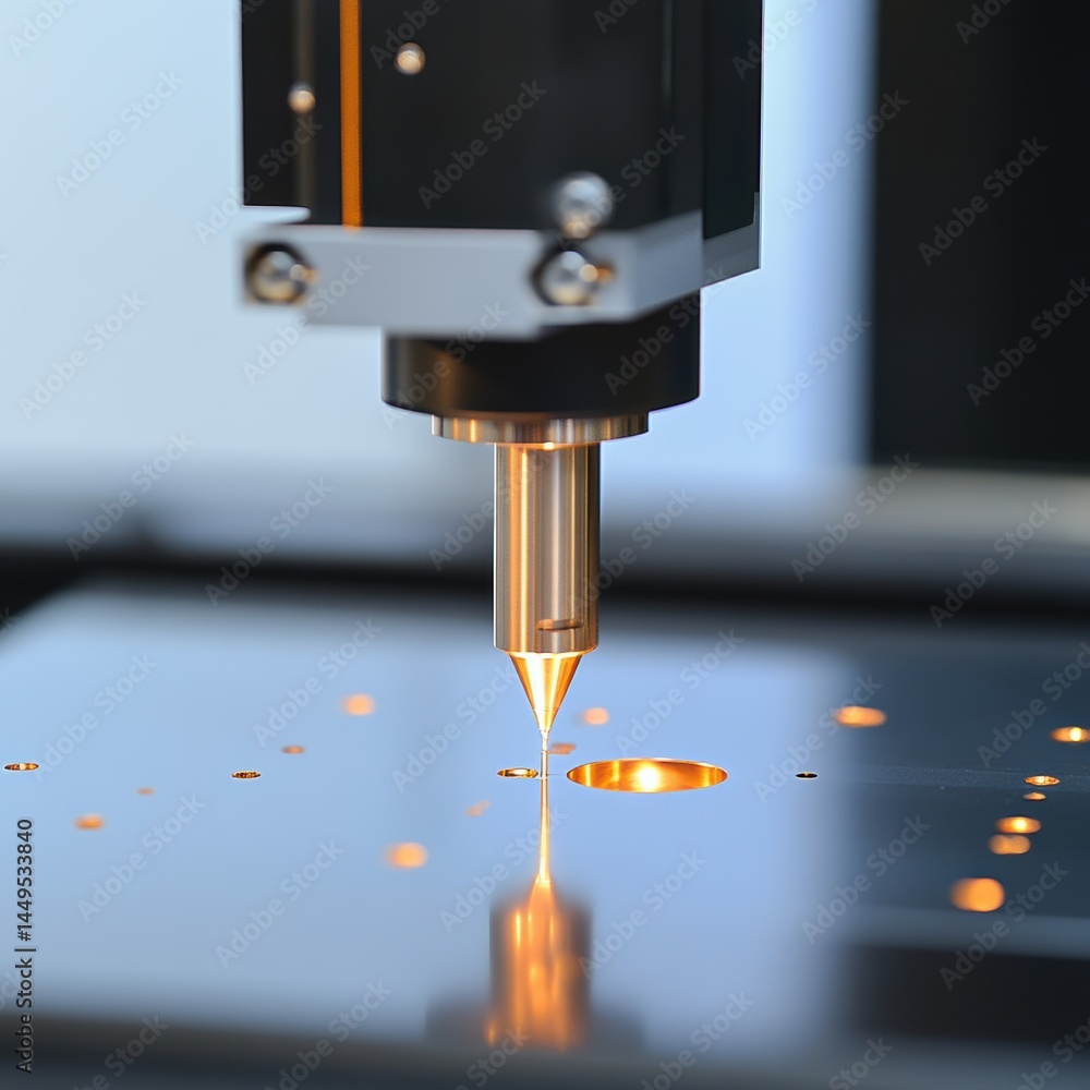 Poster precision laser cutting machine in action creating small holes in a metal surface