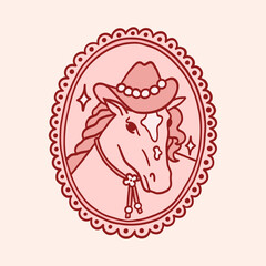 Silhouette of horse head portrait in cowboy hat in vintage frame. Whimsical trendy animal. Hand drawn red ink clipart. Vector illustration y2k. Wild West