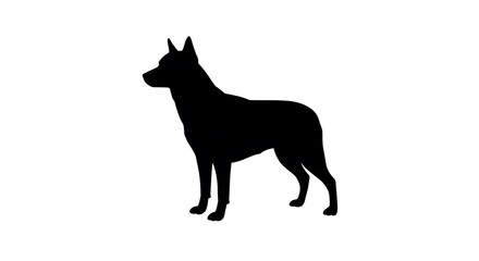 Simple black silhouette of a standing dog with pointed ears on a clean pure white background, minimalistic pet animal graphic ideal for icons and templates – Generative AI