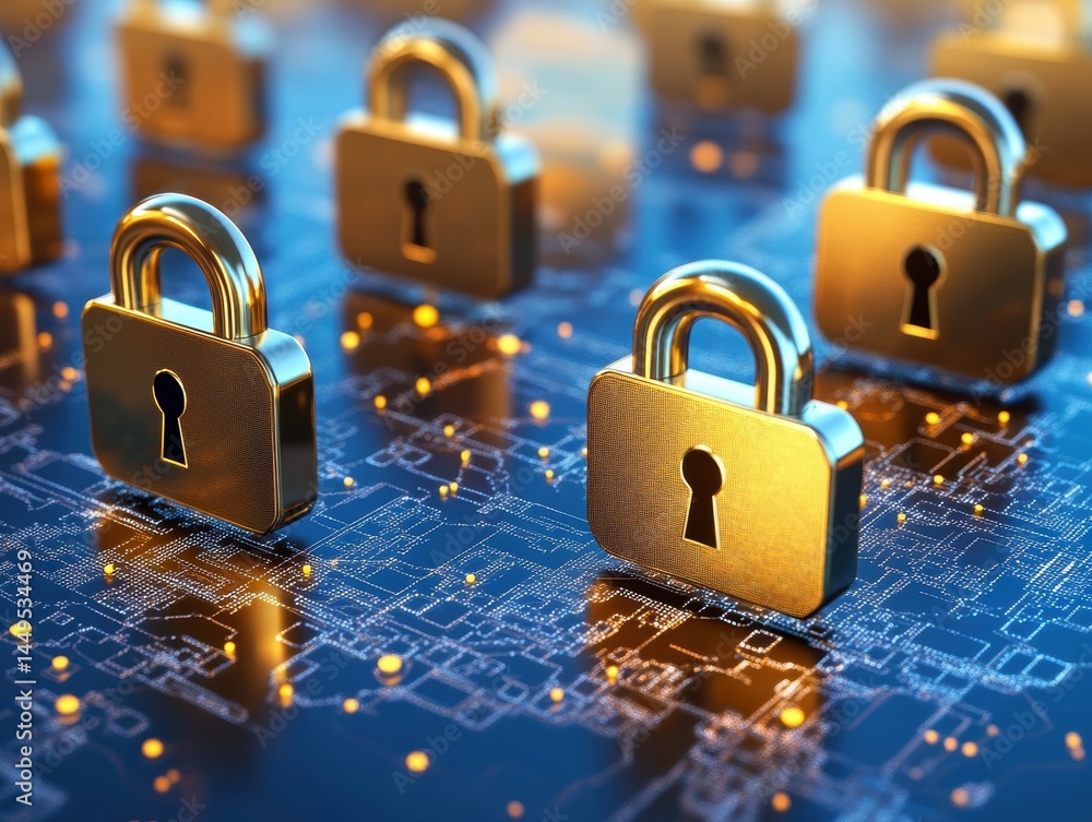 Poster golden padlocks on circuit board illustrating cybersecurity and data protection concepts