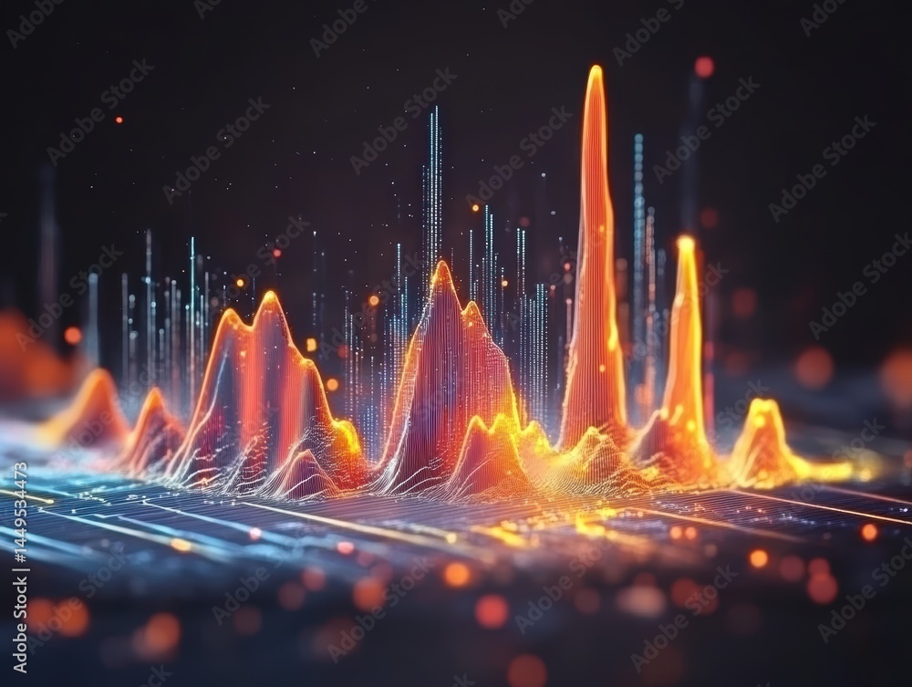 Poster abstract data visualization with glowing lines and peaks in a dark technology landscape