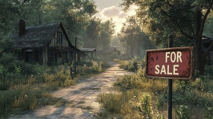Deserted rural community's weathered houses and for-sale sign.