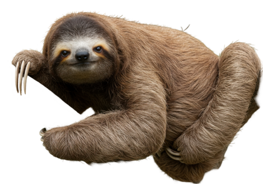Smiling sloth hanging with long claws