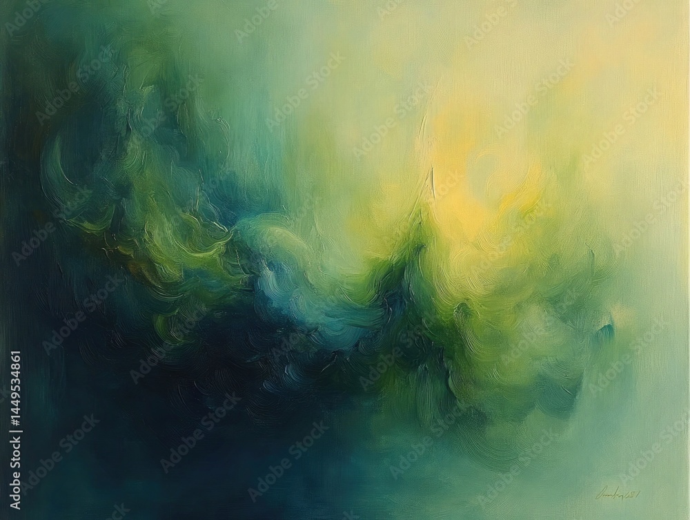 Poster abstract oil painting shows a dynamic flow of greens and yellows. perfect for backgrounds, adding te