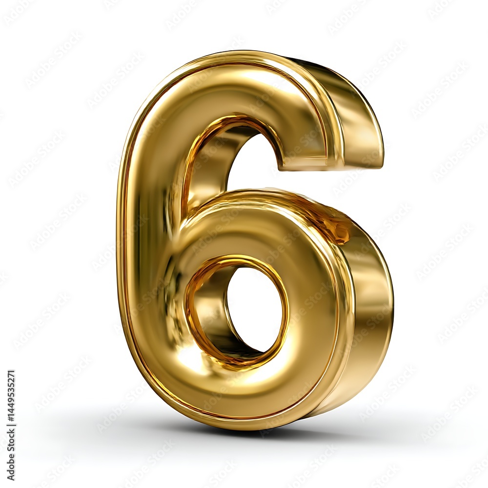 Fototapete a golden, three dimensional rendering of the numeral six is presented against a stark white backgrou