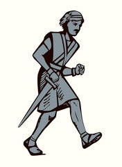 Obraz premium Vector drawing. Running warrior with sword