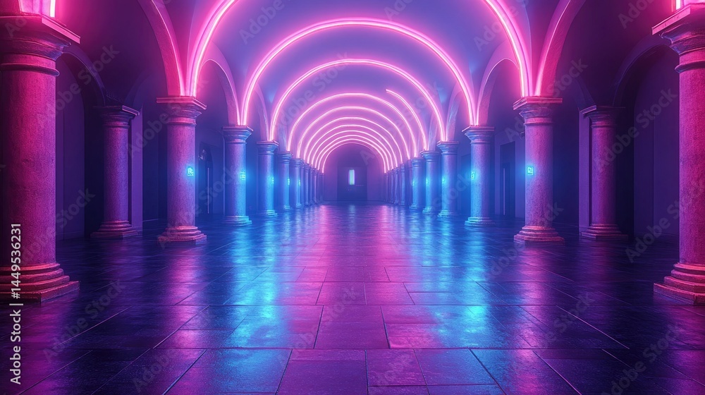 Poster a corridor with columns and arches, illuminated by pink and blue neon lights. use to illustrate conc