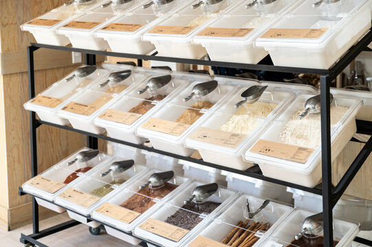 Bulk Bin Section with Variety of Spices and Grains