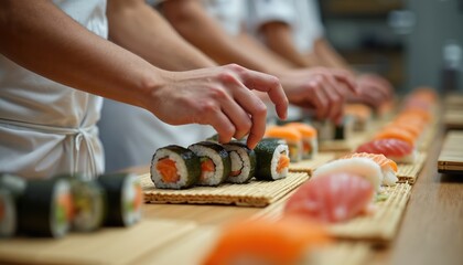 Culinary class preparing sushi rolls. Students, chefs work together, learn to make sushi, maki. Foodie workshop, delicious japanese cuisine, fresh seafood. Education, training, skill.