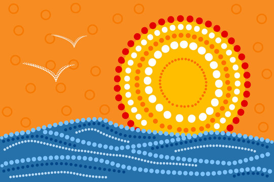 Landscape with sea or ocean in decorative ethnic style. Australia culture art  with marine, sky, sun and seagull.Aboriginal style of dot painting.For flyer, poster, banner, placard.Vector illustration