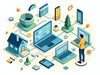 Obraz premium an image of a man standing in front of a laptop computer, there is a man standing in front of a laptop and a laptop computer