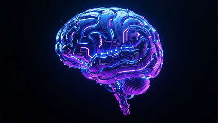 Neon brain floating on dark background representing AI intelligence