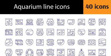 Fish in Aquarium Line Icon Bundle. Minimalistic Linear Pictogram for Web and Graphic Design, Apps, Banners, Social Network and Cards
