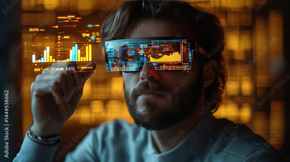 Poster man wearing futuristic smart glasses interacts with a holographic display showing data graphs and ch