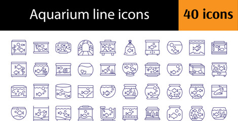 Bundle of Line Icons of Fish in Aquarium. Minimalistic Linear Pictogram for Web and Graphic Design, Apps, Banners, Social Network and Cards
