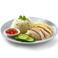 A plate of hainanese chicken rice is shown. The rice is formed into a dome shape. Sliced chicken is placed on the rice