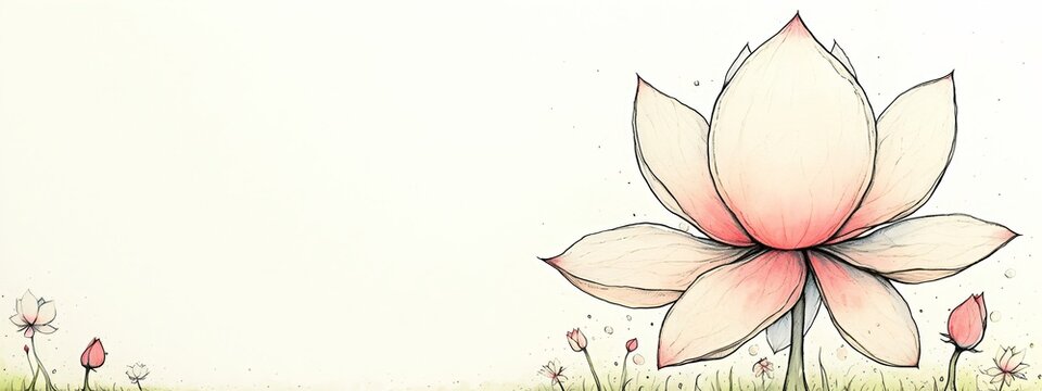 Delicate lotus flower illustration with buds on textured background. Zen meditation, yoga practice concept. Greeting card for International Yoga Day, Buddha Purnima, Buddhist New Year