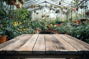 Wooden table in a greenhouse filled with plants and hanging baskets. Ideal for product display, or to showcase gardening related content.