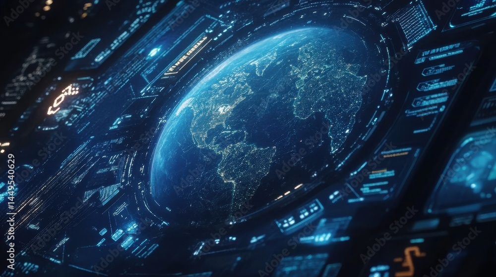 Poster futuristic hud hologram interface featuring earth digital map, infographic charts, graphs. ui screen