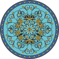 Vector floral ornamental circle in Oriental, Turkish, Arabic style. Great for colorful ethnic backgrounds, medallions, wedding decorations, greeting cards, labels, wallpapers, ceramics, textile.	