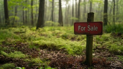 Forest property for sale sign on mossy ground.