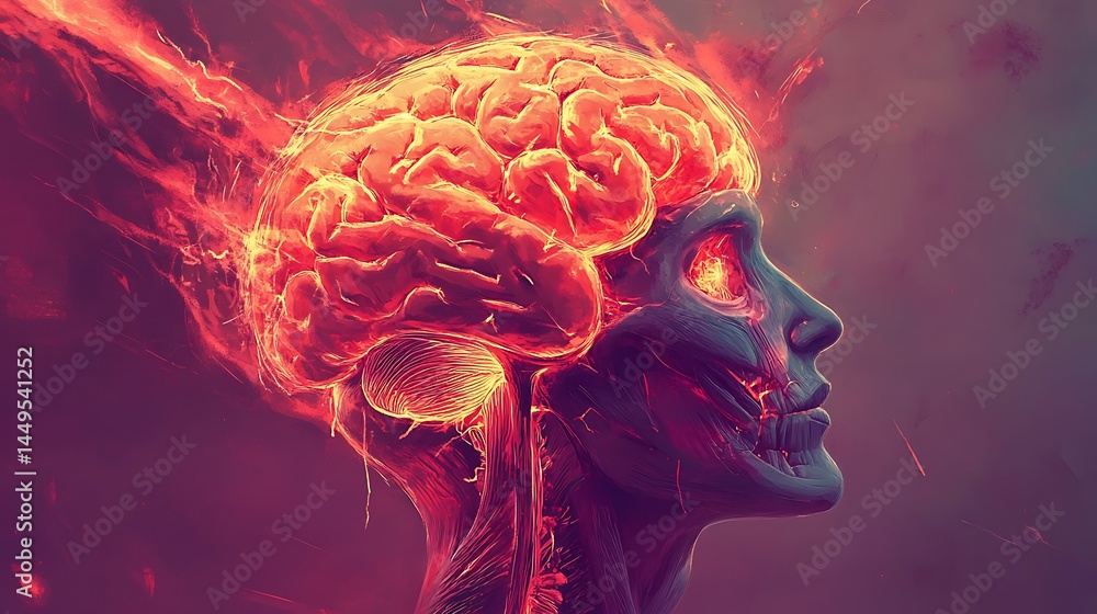 Poster abstract brain illustration with intense burning effect showing creativity and intense thought proce