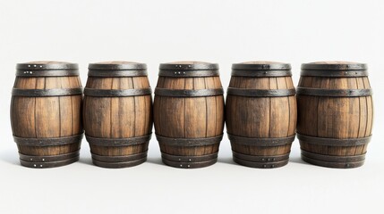 Obraz premium A row of wooden barrels stacked neatly, showcasing their rustic texture and finish, ideal for aging wine or spirits.