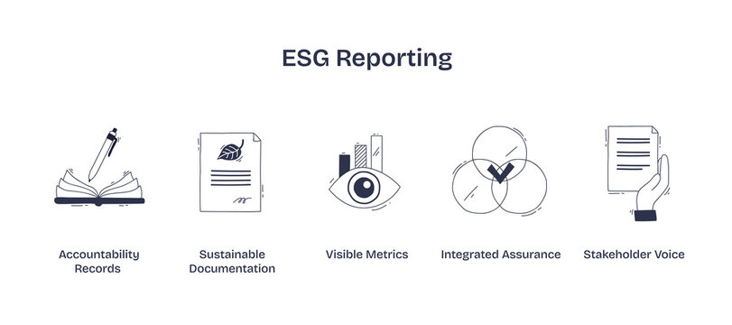 ESG reporting highlights accountability, sustainability, and stakeholder engagement using books, documents, and visual metrics. Doodle style icons