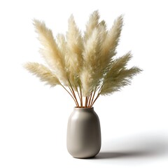 A vase filled with pampas grass stands elegantly against a stark white background