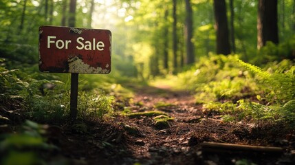 Rustic woodland path marked for sale.