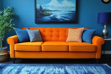 Living room features an orange sofa with blue walls and matching accents. For showcasing home decor ideas, interior design, and cozy living spaces.